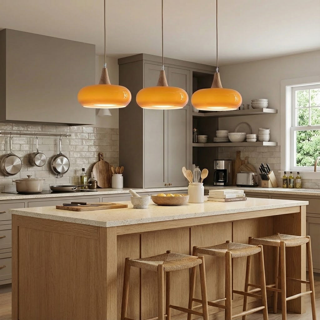 Pendant Lamp Metal Glass Wood 11 in Indoor Kitchen Dining Room Hanging Light Fixture Modern Lighting Options | Thomler