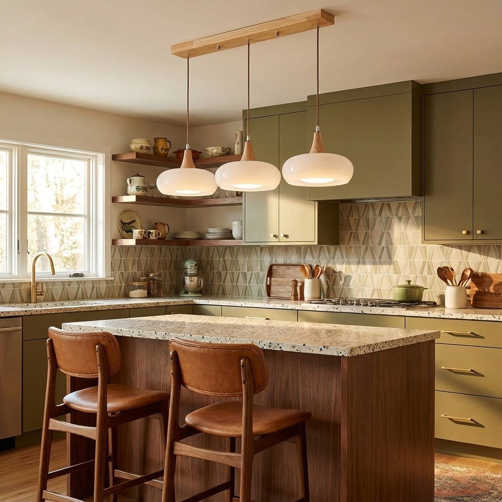 Pendant Lamp Metal Glass Wood 11 in Indoor Kitchen Dining Room Hanging Light Fixture Modern Lighting Options | Thomler