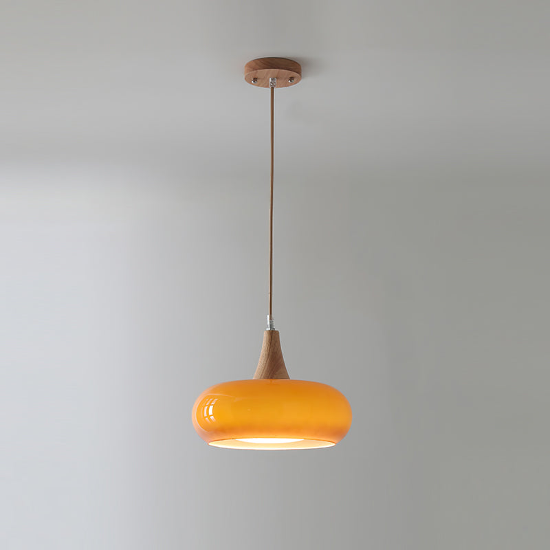 Glass Pendant Light with Wood Canopy & Metal Accents for Kitchen Dining Room Bedroom | Warm Ambient Hanging Ceiling Fixture E26 E27 | Thomler
