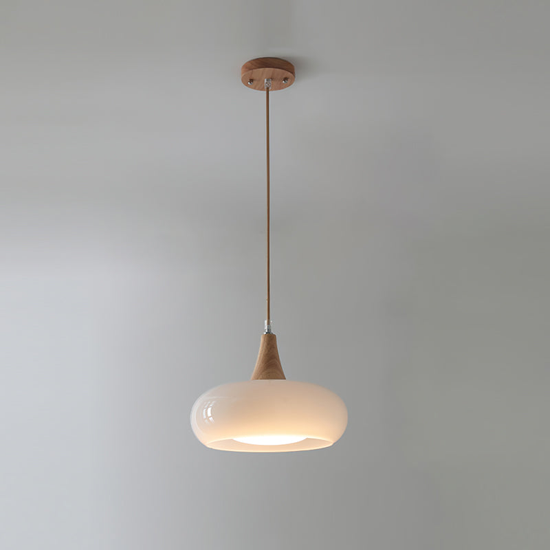 Glass Pendant Light with Wood Canopy & Metal Accents for Kitchen Dining Room Bedroom | Warm Ambient Hanging Ceiling Fixture E26 E27 | Thomler