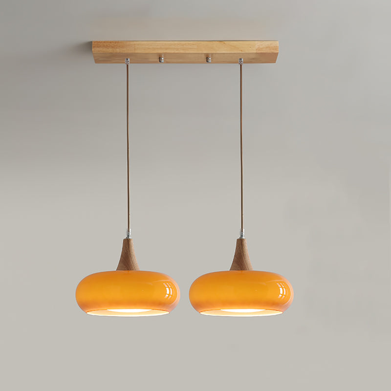 Glass Pendant Light with Wood Canopy & Metal Accents for Kitchen Dining Room Bedroom | Warm Ambient Hanging Ceiling Fixture E26 E27 | Thomler