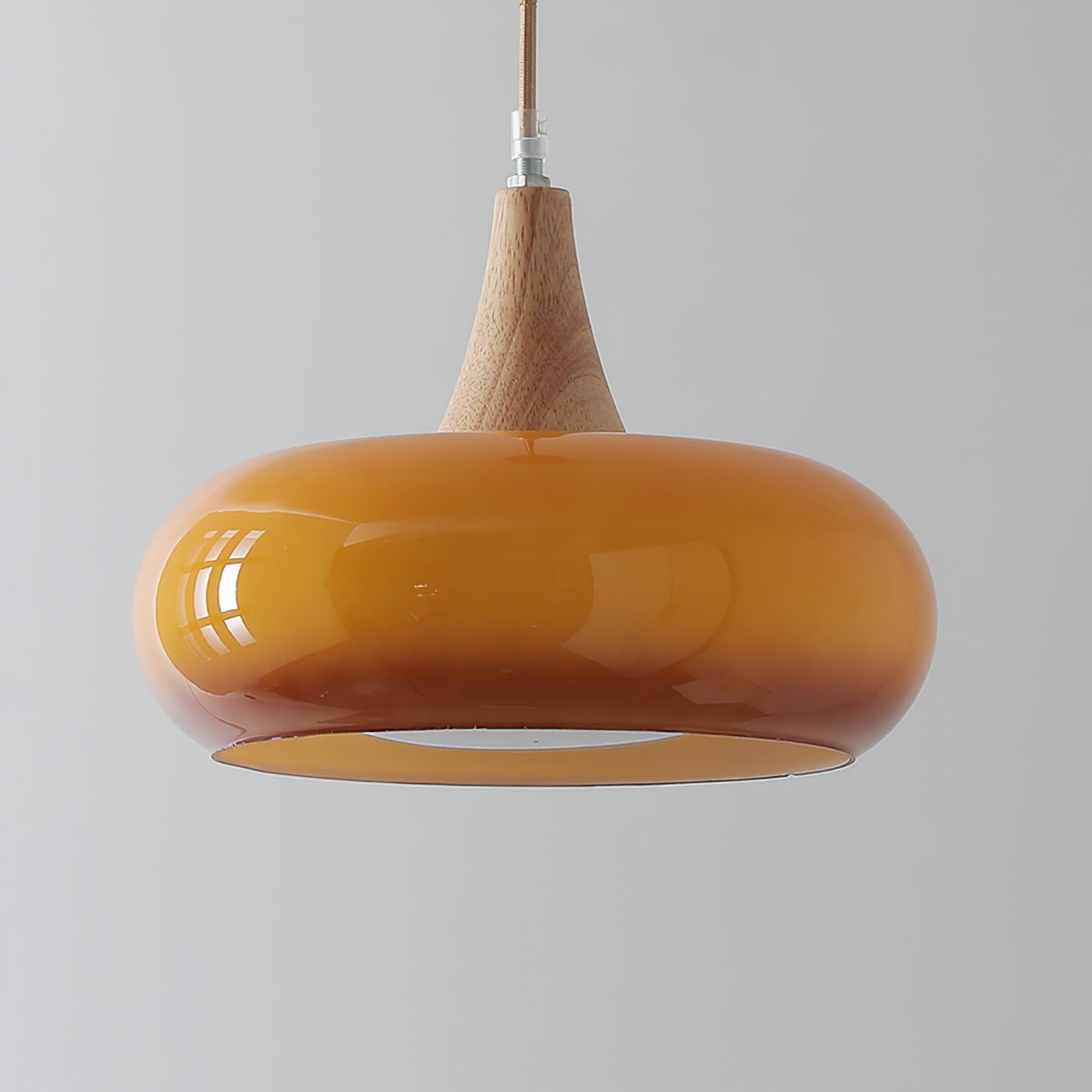 Glass Pendant Light with Wood Canopy & Metal Accents for Kitchen Dining Room Bedroom | Warm Ambient Hanging Ceiling Fixture E26 E27 | Thomler