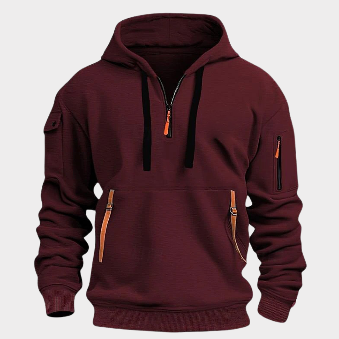 Men's Pullover Sweatshirt with Half-Zip Neck and Zippered Pockets for Everyday Casual Wear, Adjustable Drawstring Hood, Elastic Cuffs | Thomler