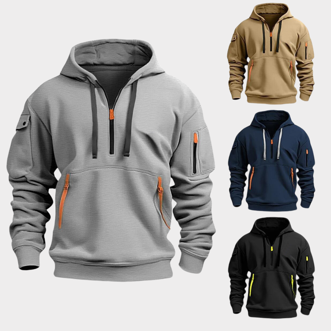 Men's Pullover Sweatshirt with Half-Zip Neck and Zippered Pockets for Everyday Casual Wear, Adjustable Drawstring Hood, Elastic Cuffs | Thomler