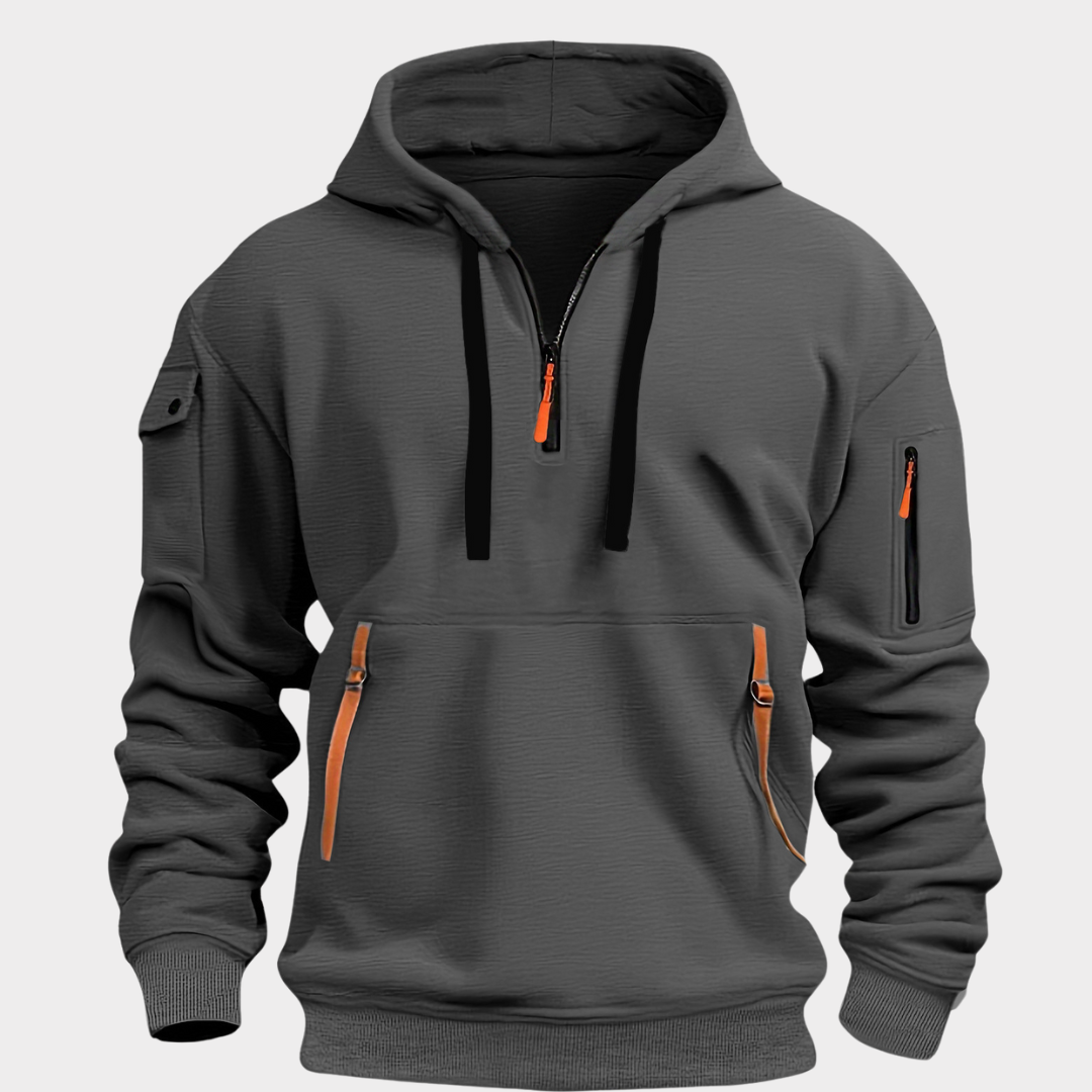 Men's Pullover Sweatshirt with Half-Zip Neck and Zippered Pockets for Everyday Casual Wear, Adjustable Drawstring Hood, Elastic Cuffs | Thomler