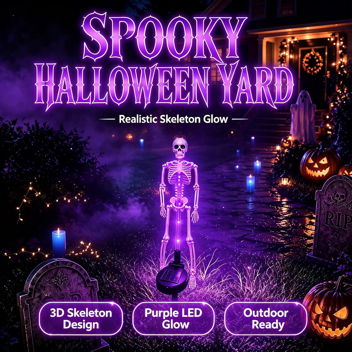 Spooky Glowing Skeleton Garden Stakes – Solar LED Outdoor Halloween Decoration for Lawns, Flower Beds & Walkways (Set of 2) | Thomler