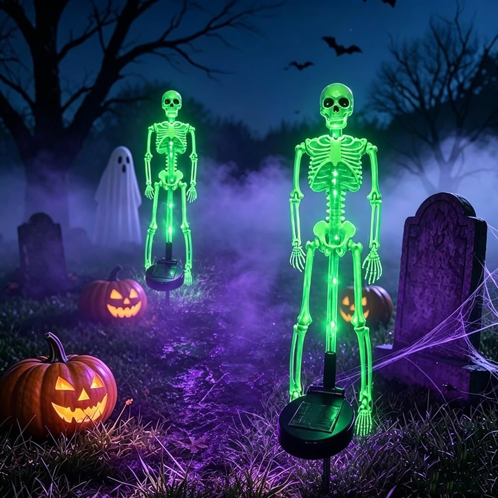 Spooky Glowing Skeleton Garden Stakes – Solar LED Outdoor Halloween Decoration for Lawns, Flower Beds & Walkways (Set of 2) | Thomler