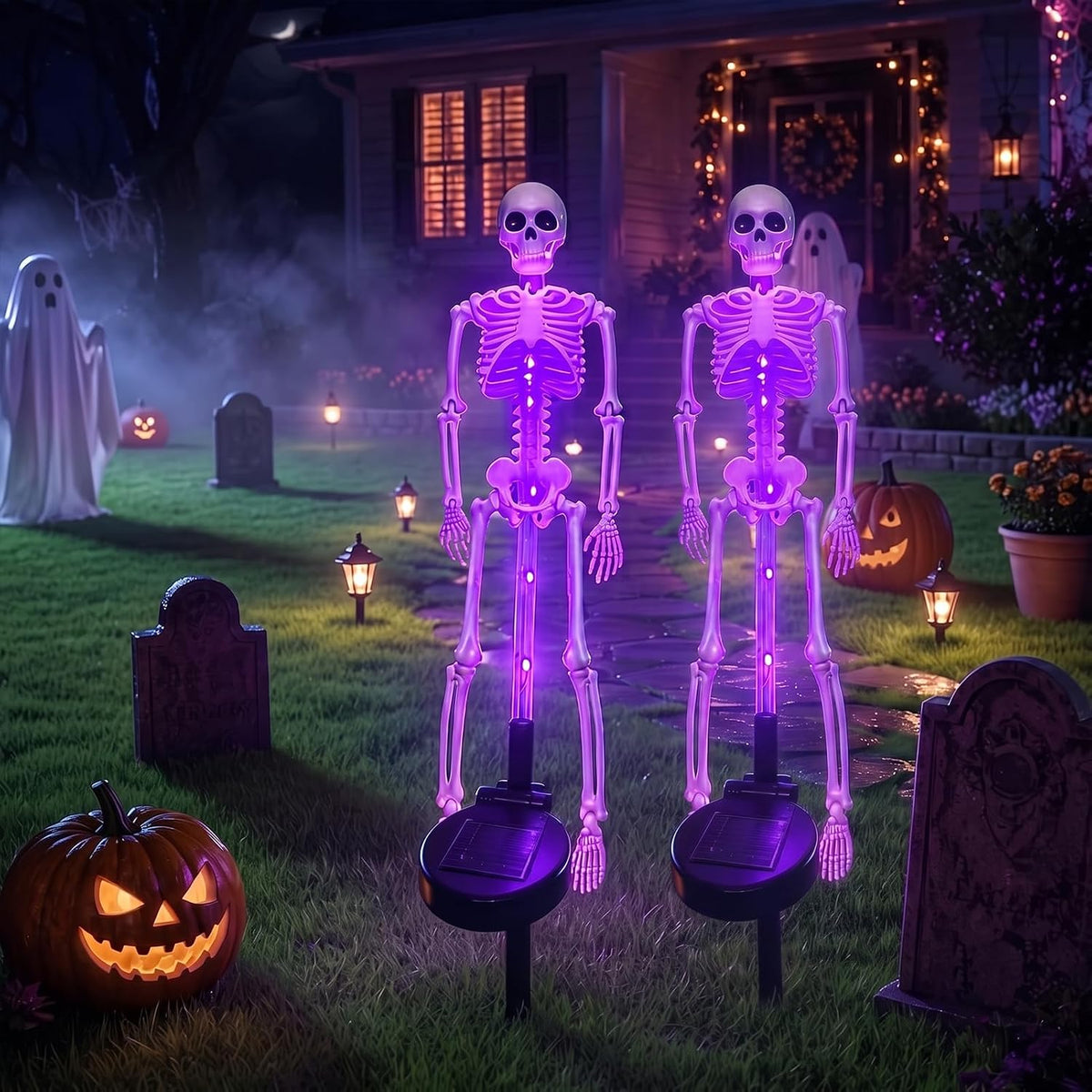Spooky Glowing Skeleton Garden Stakes – Solar LED Outdoor Halloween Decoration for Lawns, Flower Beds & Walkways (Set of 2) | Thomler