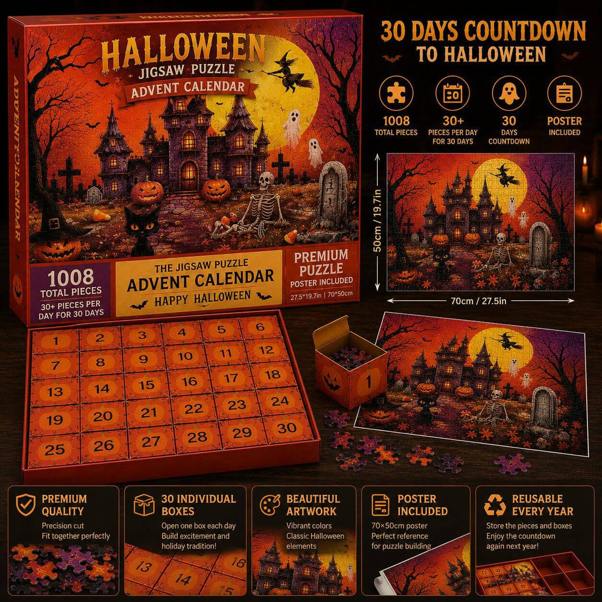 30-Day Halloween Jigsaw Adventure – 1,008 Pieces Build a Spooky Manor Scene | Countdown Box Set for October Fun & Family Game Night | Thomler