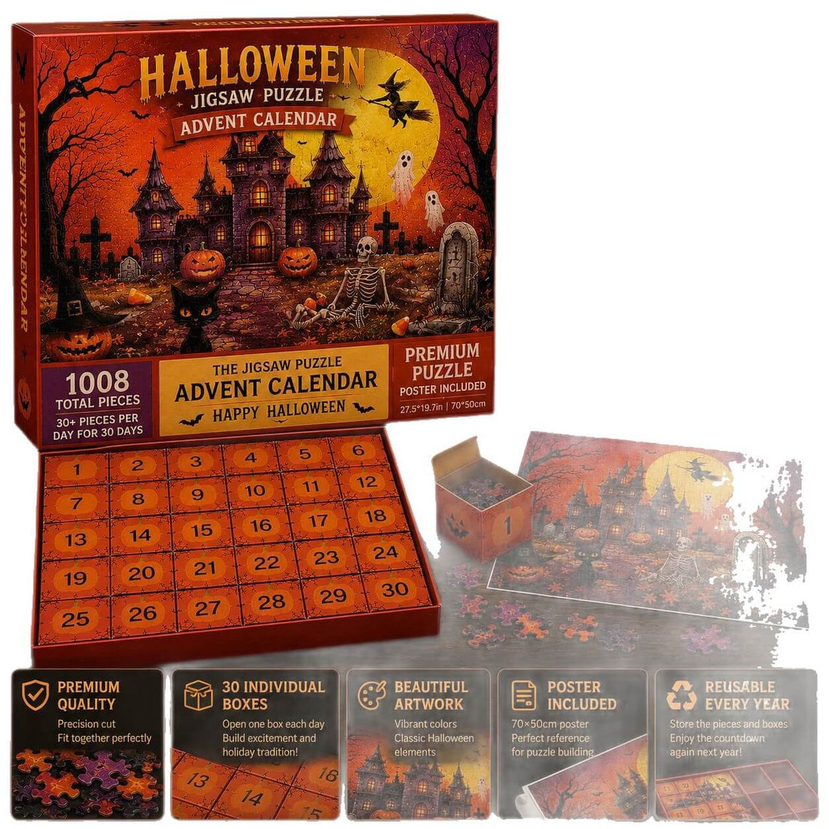 30-Day Halloween Jigsaw Adventure – 1,008 Pieces Build a Spooky Manor Scene | Countdown Box Set for October Fun & Family Game Night | Thomler