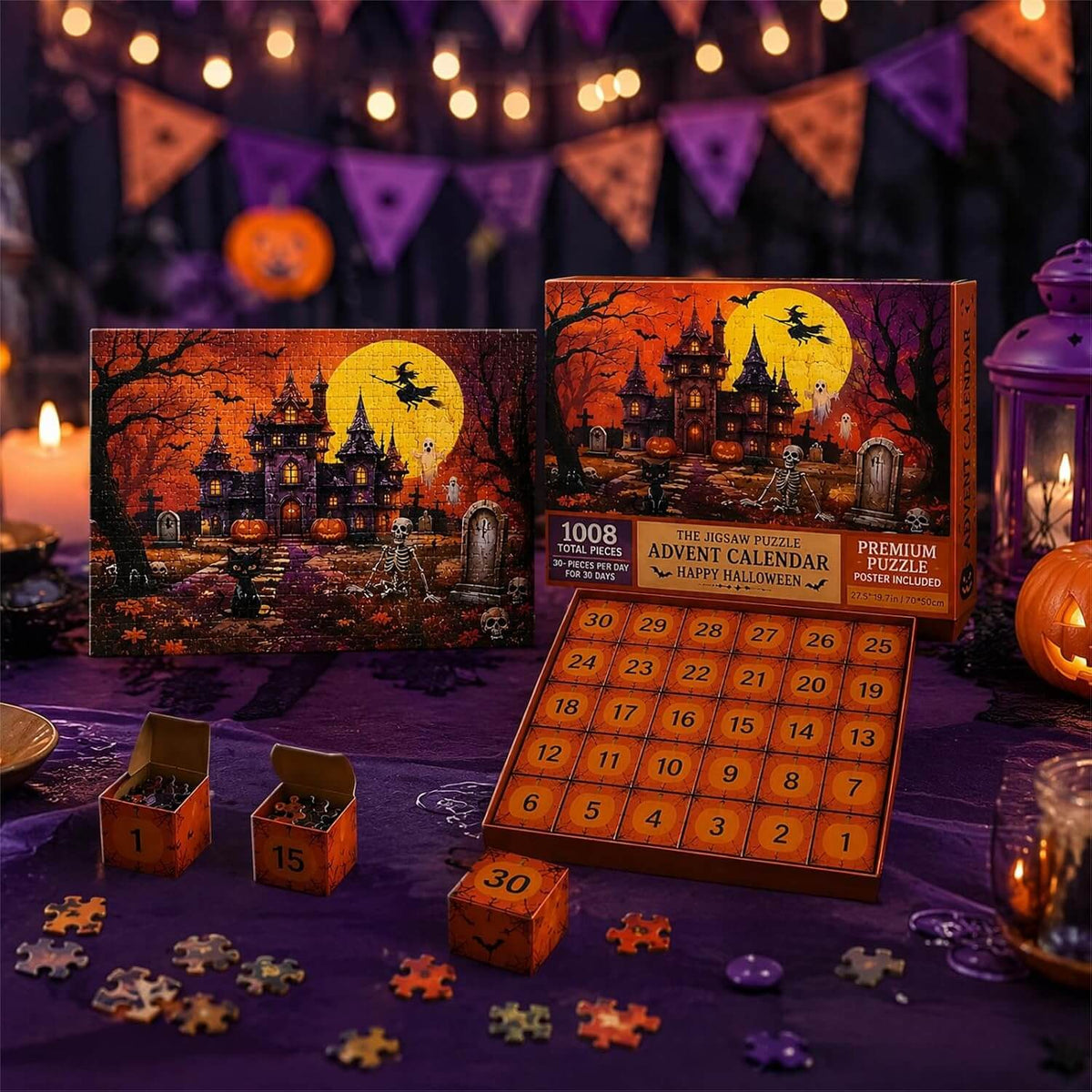 30-Day Halloween Jigsaw Adventure – 1,008 Pieces Build a Spooky Manor Scene | Countdown Box Set for October Fun & Family Game Night | Thomler