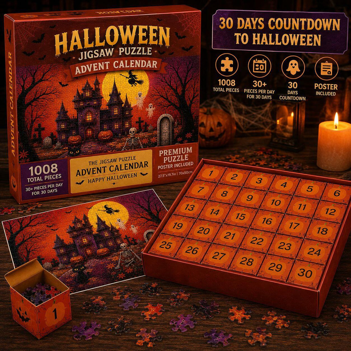30-Day Halloween Jigsaw Adventure – 1,008 Pieces Build a Spooky Manor Scene | Countdown Box Set for October Fun & Family Game Night | Thomler