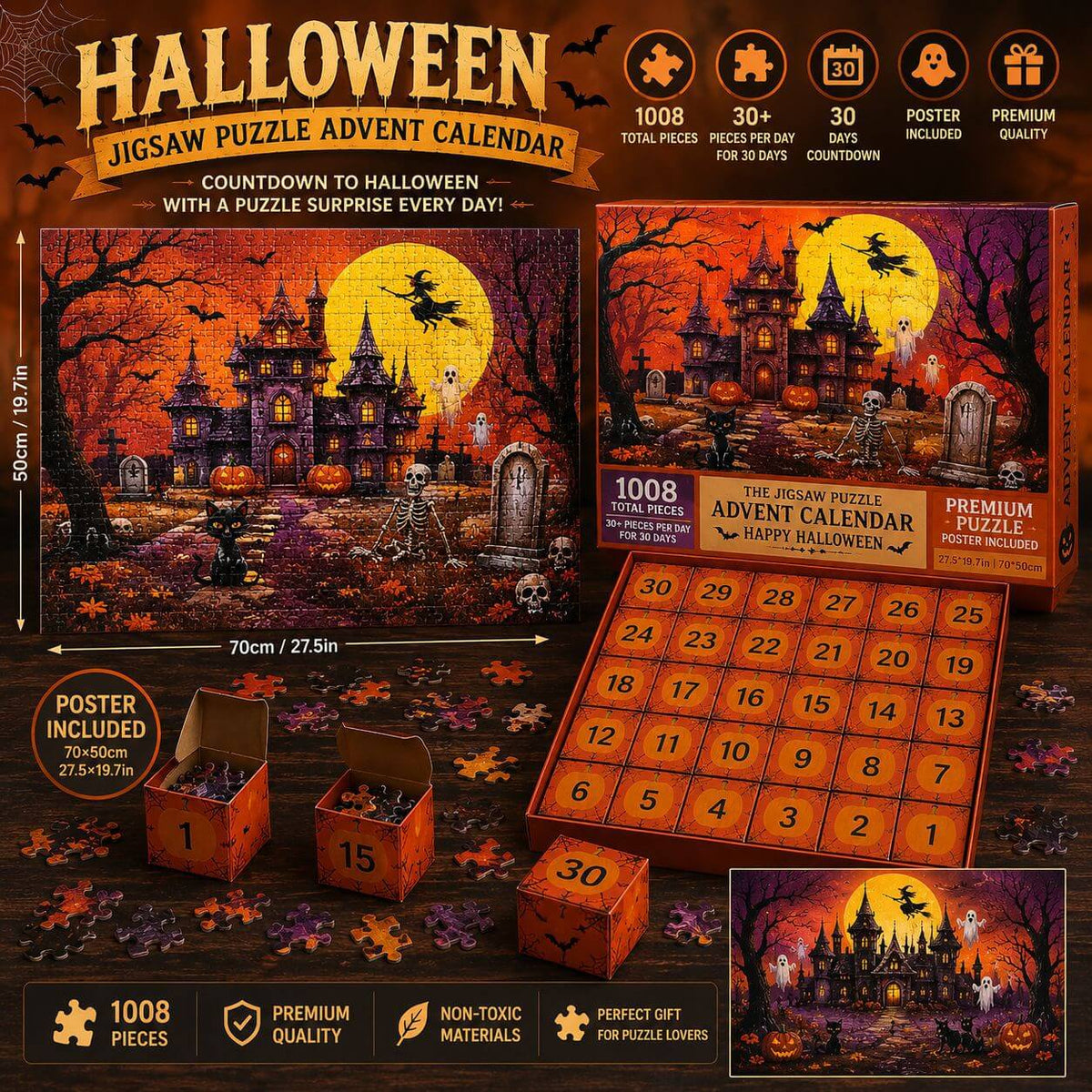 30-Day Halloween Jigsaw Adventure – 1,008 Pieces Build a Spooky Manor Scene | Countdown Box Set for October Fun & Family Game Night | Thomler