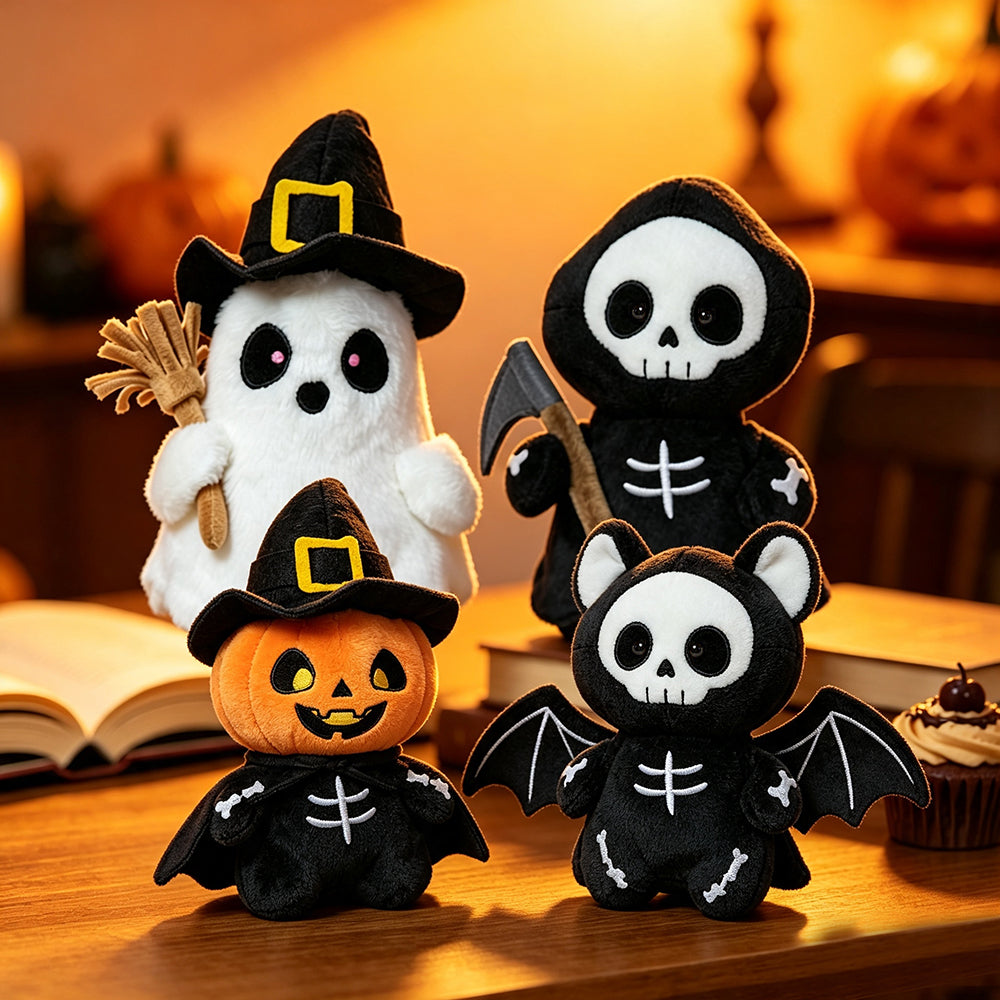 Soft Embroidered Halloween Plush Figures Set with Friendly Characters for Shelves and Tabletops | Thomler