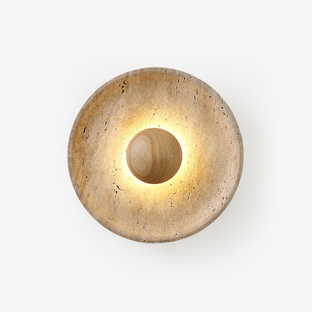 Travertine Sun Wall Sconce with Wood Sphere – Sculptural Halo Accent Light for Modern Living Room & Bedroom | Thomler