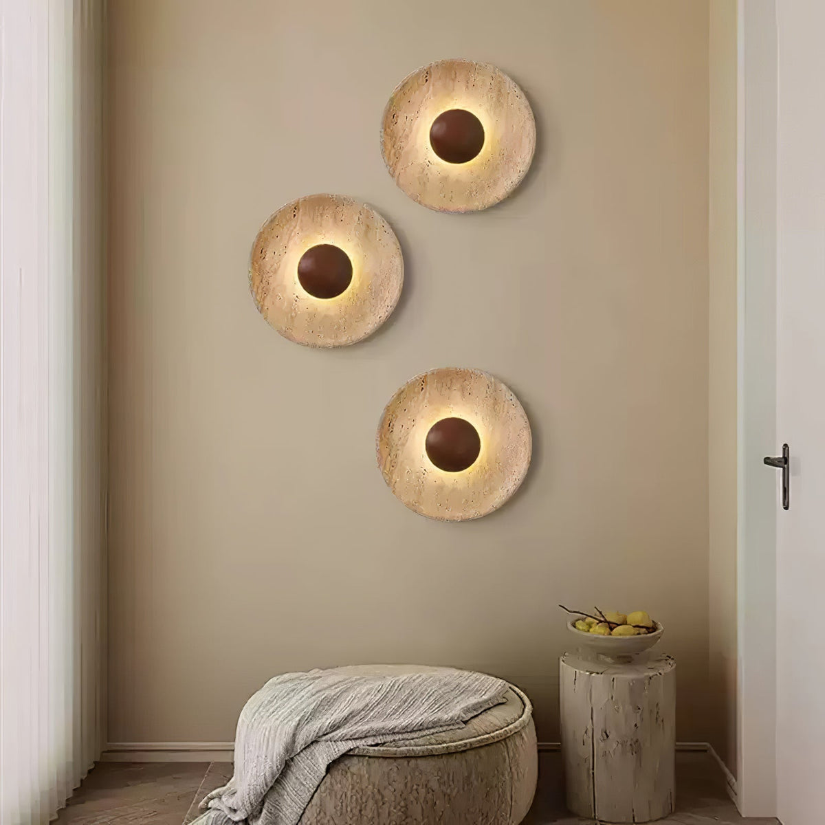 Travertine Sun Wall Sconce with Wood Sphere – Sculptural Halo Accent Light for Modern Living Room & Bedroom | Thomler