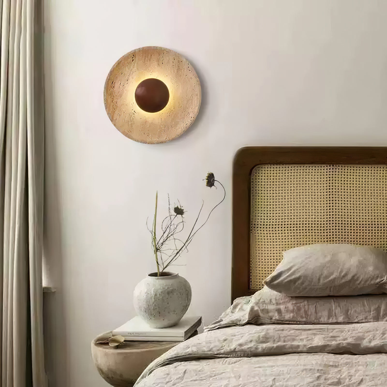 Wall Lamp Travertine Wood Round Warm Light Living Room Bedroom Hallway Ambient Lighting Decorative Sconce | Thomler