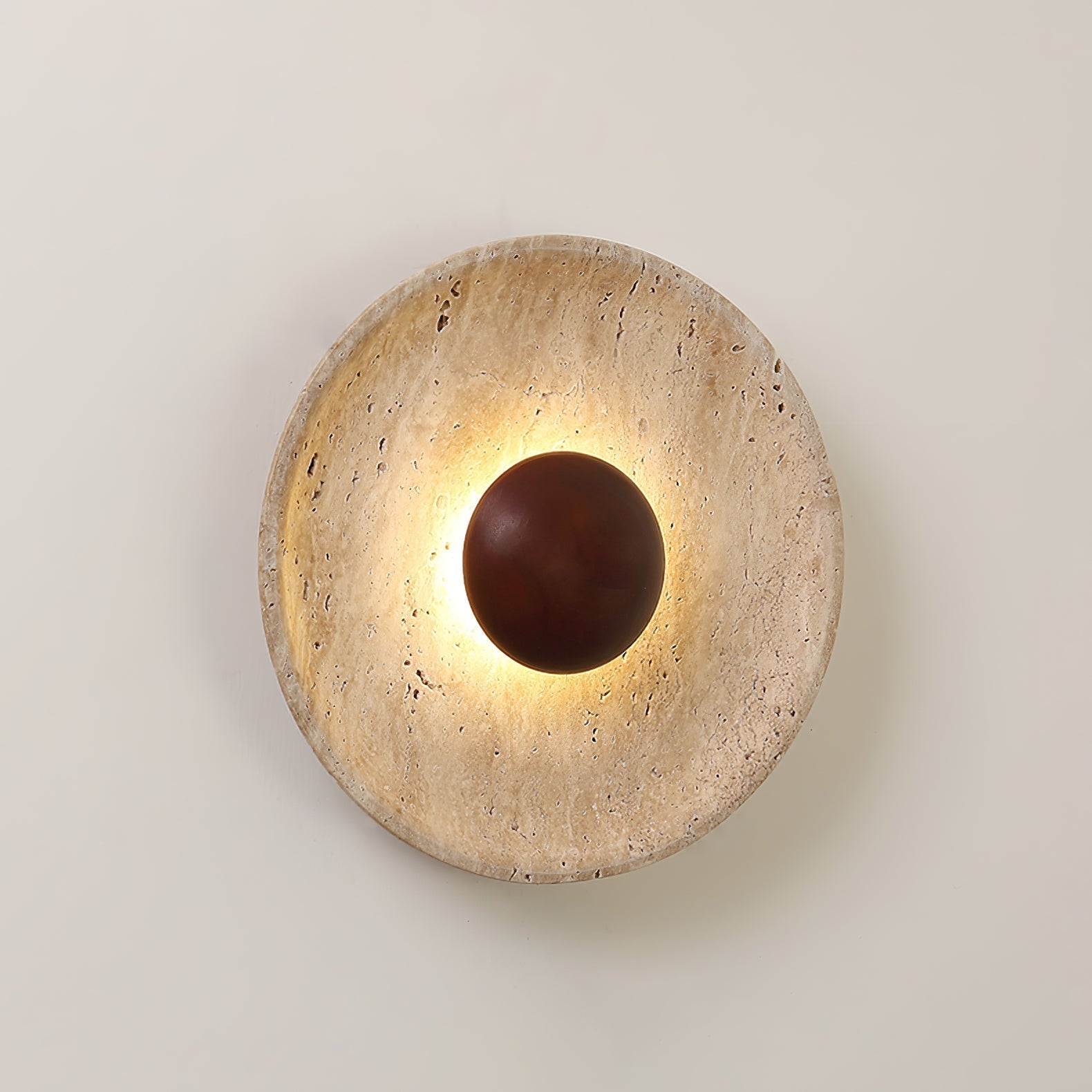 Wall Lamp Travertine Wood Round Warm Light Living Room Bedroom Hallway Ambient Lighting Decorative Sconce | Thomler
