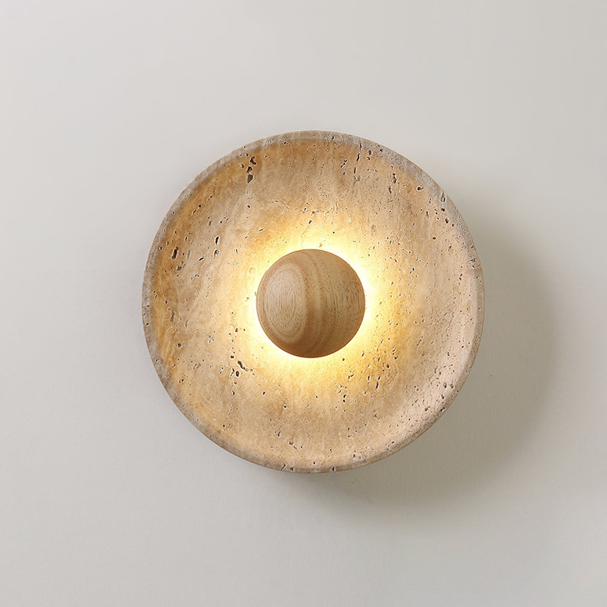 Travertine Sun Wall Sconce with Wood Sphere – Sculptural Halo Accent Light for Modern Living Room & Bedroom | Thomler