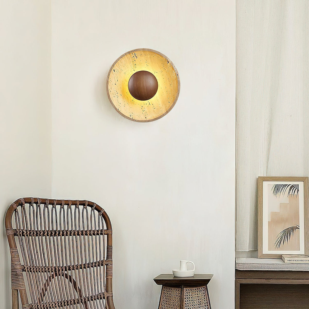 Travertine Sun Wall Sconce with Wood Sphere – Sculptural Halo Accent Light for Modern Living Room & Bedroom | Thomler