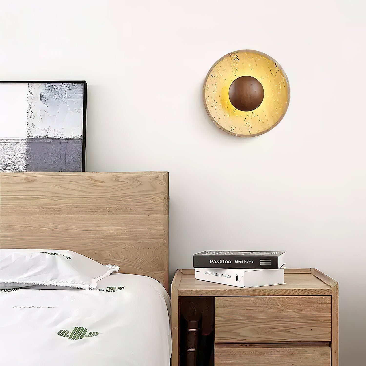 Wall Lamp Travertine Wood Round Warm Light Living Room Bedroom Hallway Ambient Lighting Decorative Sconce | Thomler