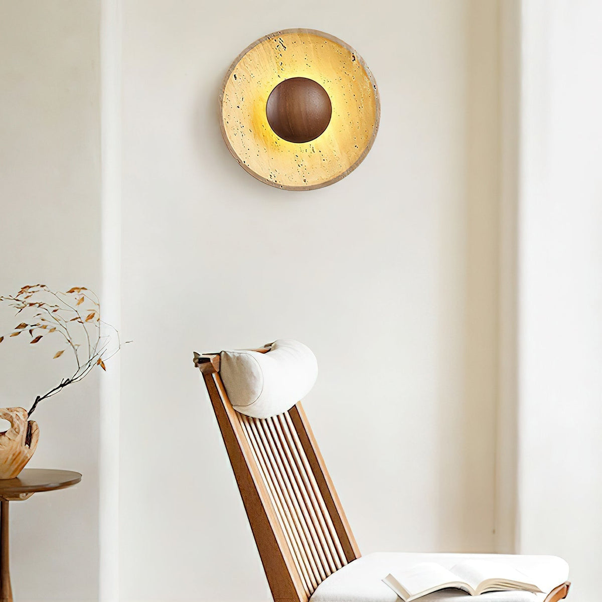 Travertine Sun Wall Sconce with Wood Sphere – Sculptural Halo Accent Light for Modern Living Room & Bedroom | Thomler