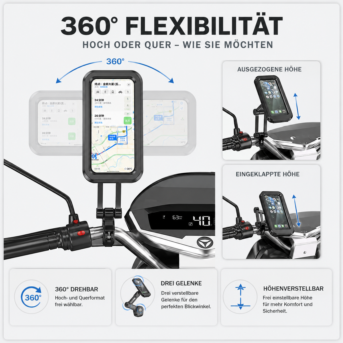 Waterproof Motorcycle Phone Mount with 360° Rotation for Bikes & Scooters – Universal Holder for Smartphones up to 6.7 Inches | Thomler