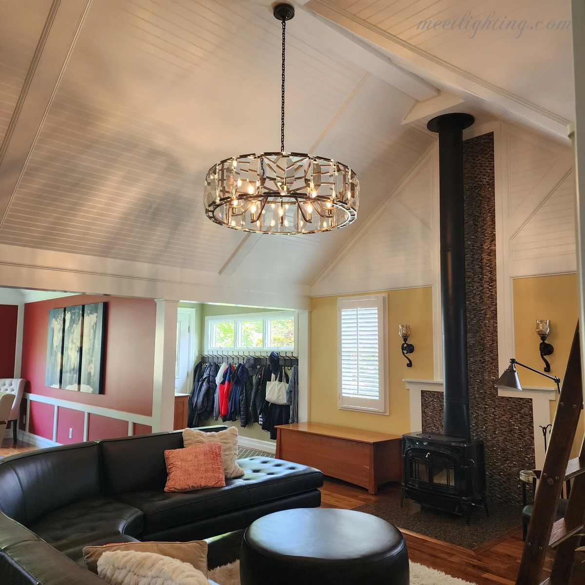Crystal Prism Ring Chandelier 59-Inch 14-Light Statement Fixture for Dining Room Living Room Foyer Adjustable Height Brass Black Steel | Thomler