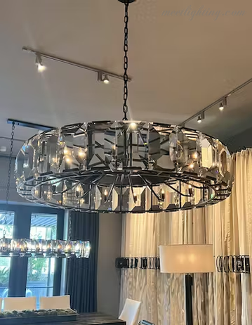 Crystal Prism Ring Chandelier 59-Inch 14-Light Statement Fixture for Dining Room Living Room Foyer Adjustable Height Brass Black Steel | Thomler