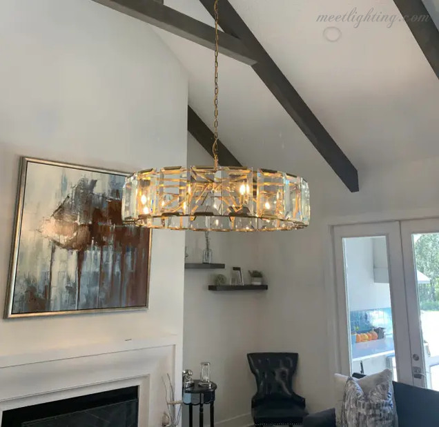 Crystal Prism Ring Chandelier 59-Inch 14-Light Statement Fixture for Dining Room Living Room Foyer Adjustable Height Brass Black Steel | Thomler