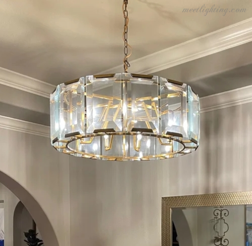 Crystal Prism Ring Chandelier 59-Inch 14-Light Statement Fixture for Dining Room Living Room Foyer Adjustable Height Brass Black Steel | Thomler