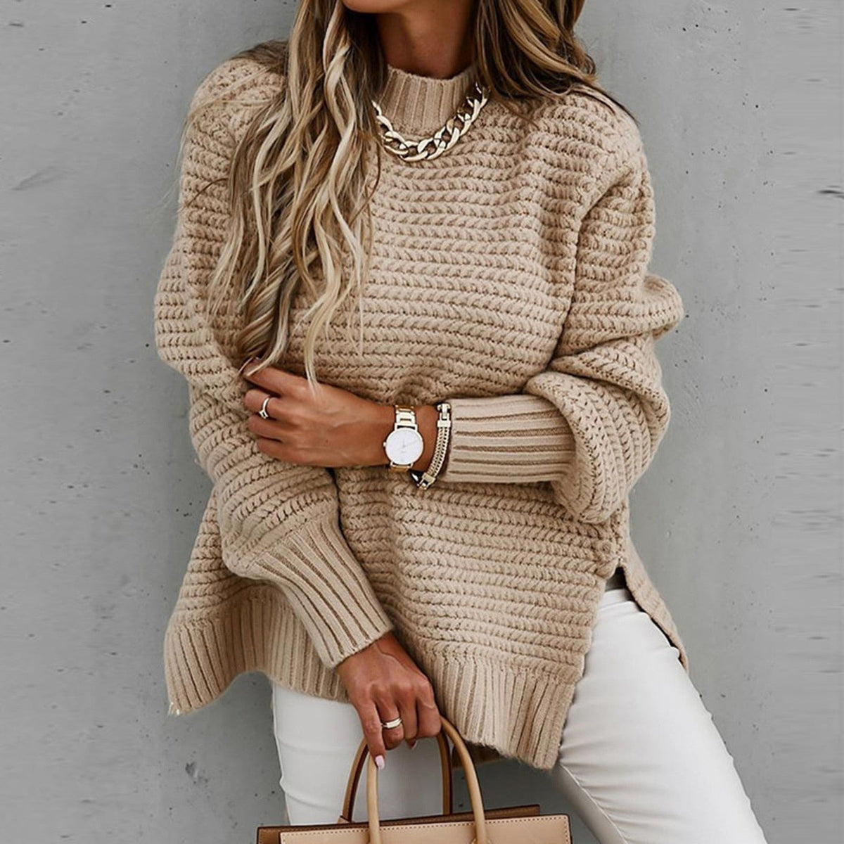 Women's Turtleneck Pullover with Drop Hem and Hip Slits for Relaxed Everyday Comfort | Thomler