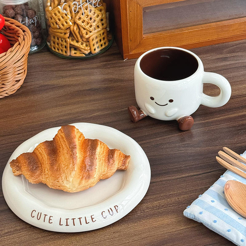 Coffee Cup Ceramic 250 ml White Smiley Face Tea Latte Cappuccino Mug With Saucer Cute Kitchen Gift | Thomler