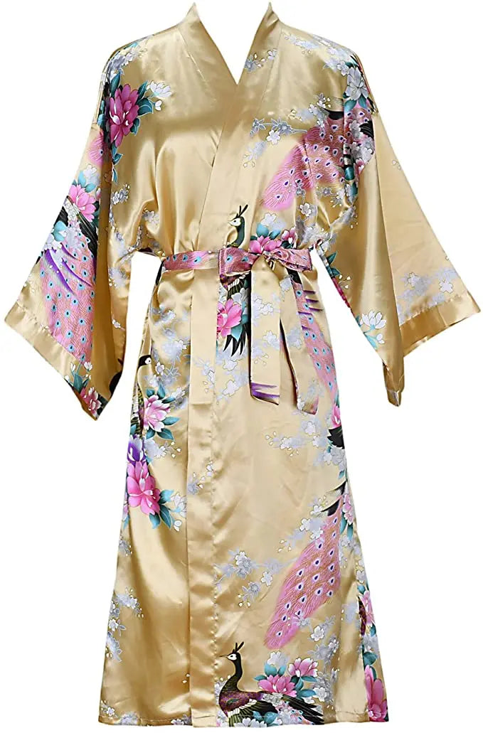 Women's Satin Kimono Robe with Floral Design – Short Sleeve Loungewear for Bridal Party Gifts & Everyday Comfort | Thomler