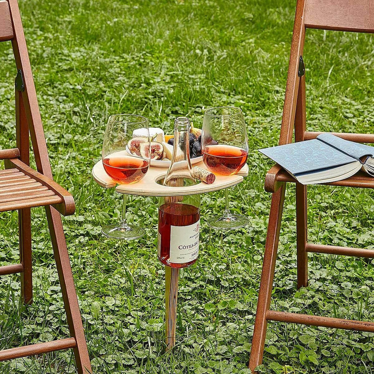 Portable Wine Table for Outdoor Picnics – Folding Wooden Picnic Table with Bottle & Glass Holders for Beach, Camping & Backyard | Thomler