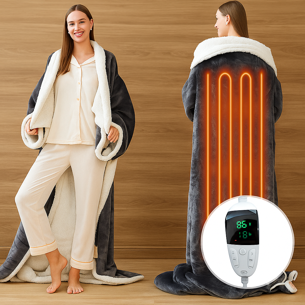 Heated Wearable Throw Blanket with Fleece & Sherpa Lining – 6 Heat Settings | Thomler