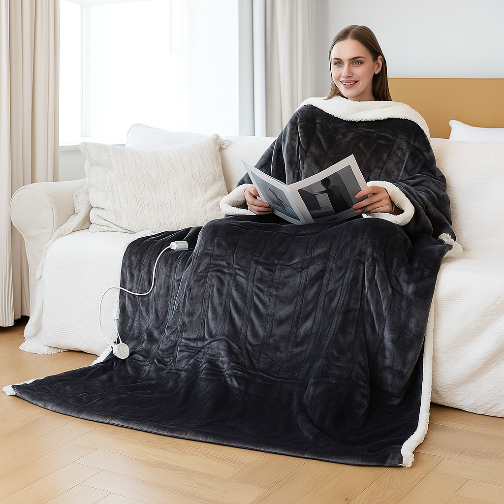 Heated Wearable Throw Blanket with Fleece & Sherpa Lining – 6 Heat Settings | Thomler