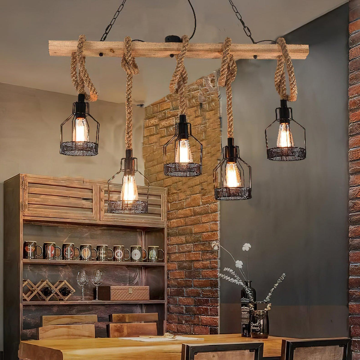 Natural Fiber Cord Multi-Light Hanging Fixture with Metal Canopy for Dining Room & Bar | Thomler