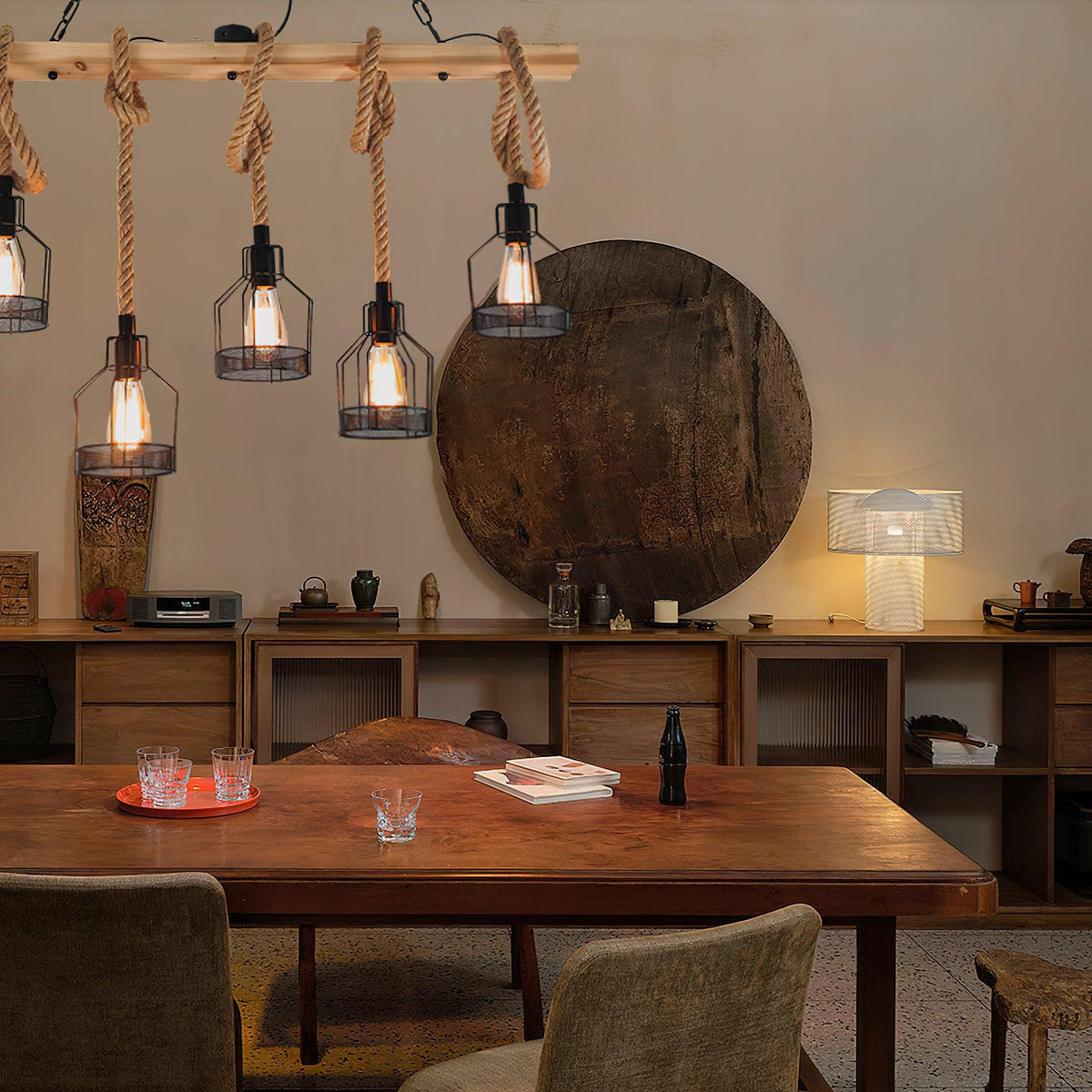 Natural Fiber Cord Multi-Light Hanging Fixture with Metal Canopy for Dining Room & Bar | Thomler