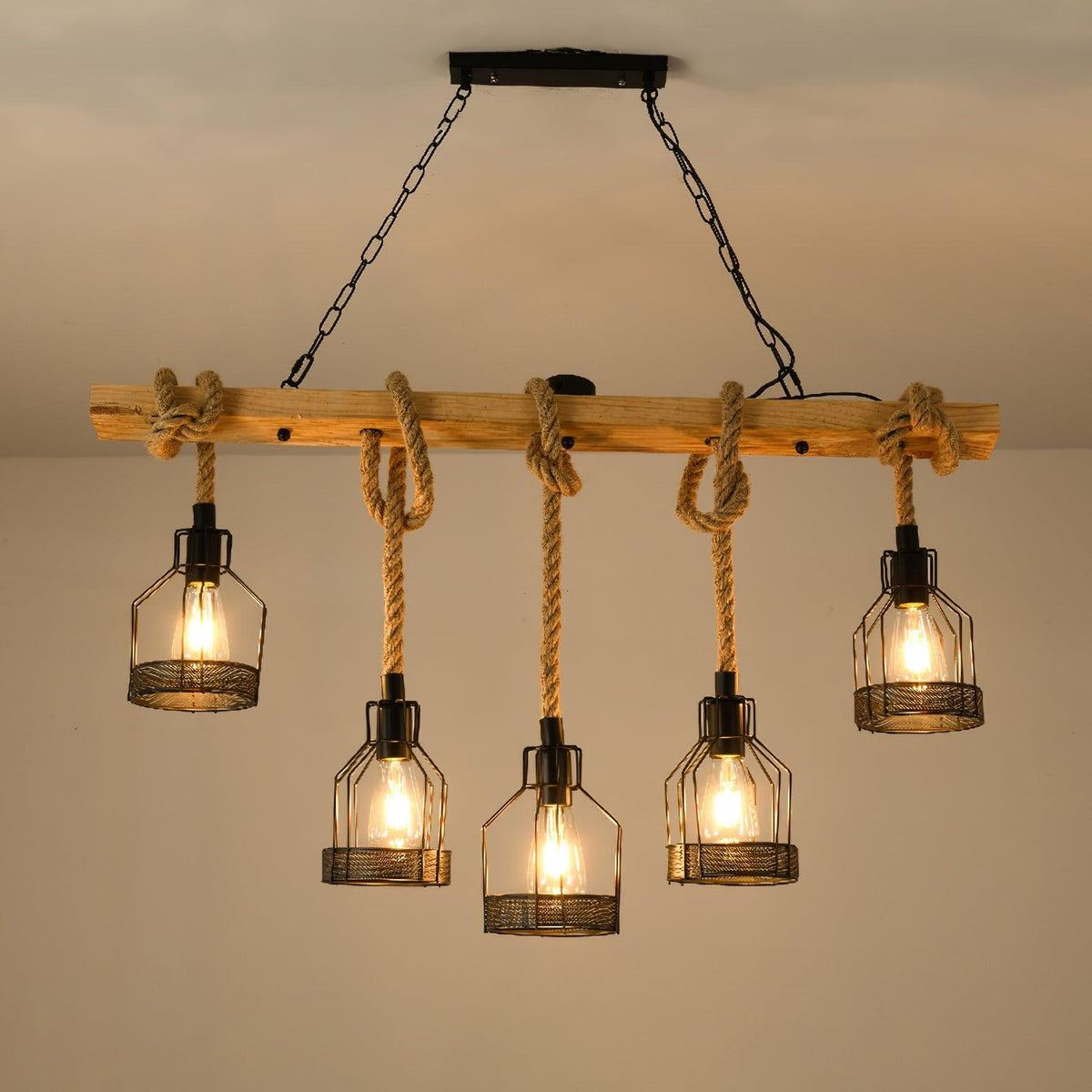 Natural Fiber Cord Multi-Light Hanging Fixture with Metal Canopy for Dining Room & Bar | Thomler