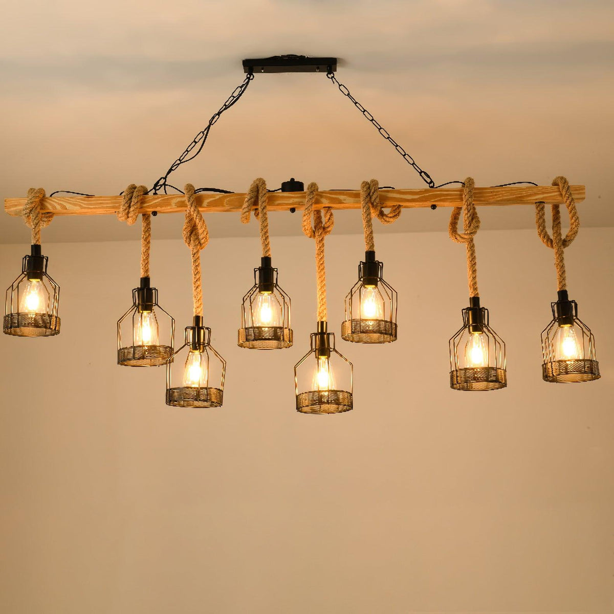Natural Fiber Cord Multi-Light Hanging Fixture with Metal Canopy for Dining Room & Bar | Thomler