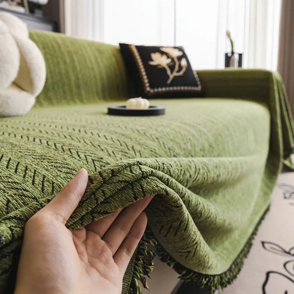 Textured Chenille Sofa Throw Cover with Tassels – Non-Slip Pet-Proof Furniture Protector for Couch | Thomler