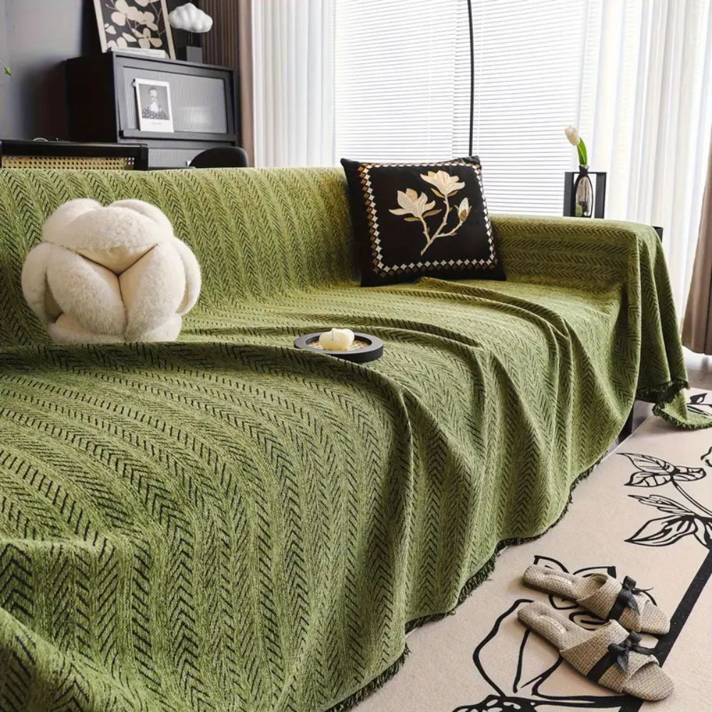 Textured Chenille Sofa Throw Cover with Tassels – Non-Slip Pet-Proof Furniture Protector for Couch | Thomler