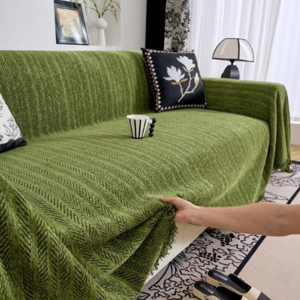 Textured Chenille Sofa Throw Cover with Tassels – Non-Slip Pet-Proof Furniture Protector for Couch | Thomler