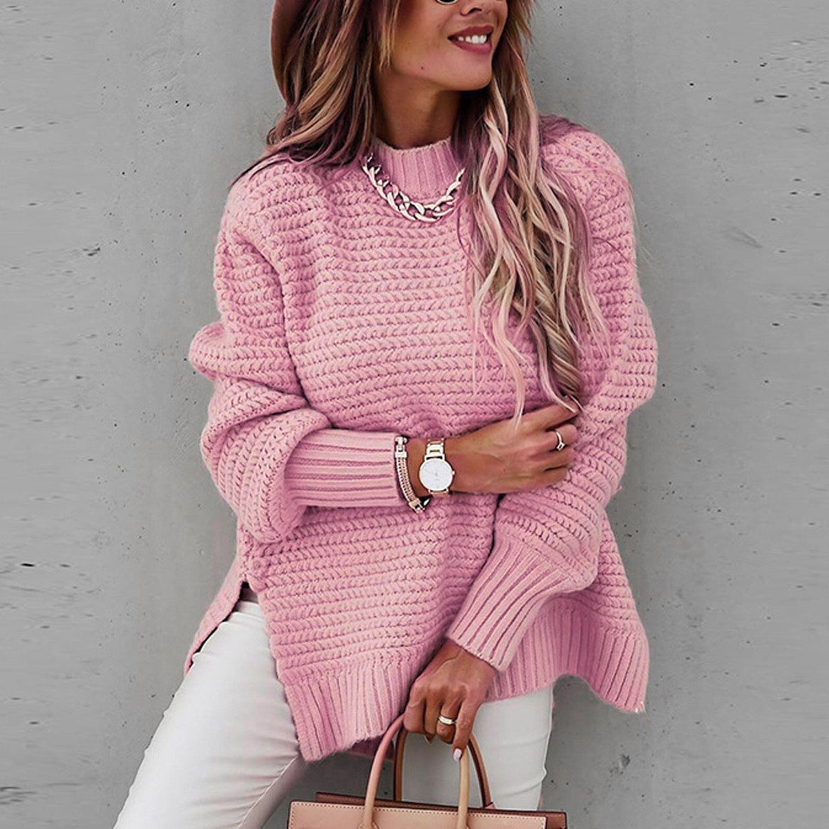 Women's Turtleneck Pullover with Drop Hem and Hip Slits for Relaxed Everyday Comfort | Thomler