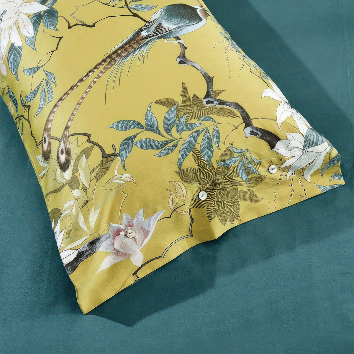 Egyptian Cotton Sateen Pillowcase Set – 500 Thread Count, Ornate Golden Bird Design, Standard Size (Pair) | Thomler