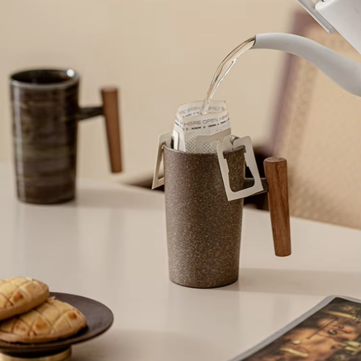 Stone-Texture Ceramic Coffee Mug with Wooden Handle for Hot Beverages | Kitchen Drinkware Cup for Tea Coffee Latte | Modern Rustic Nordic | Thomler