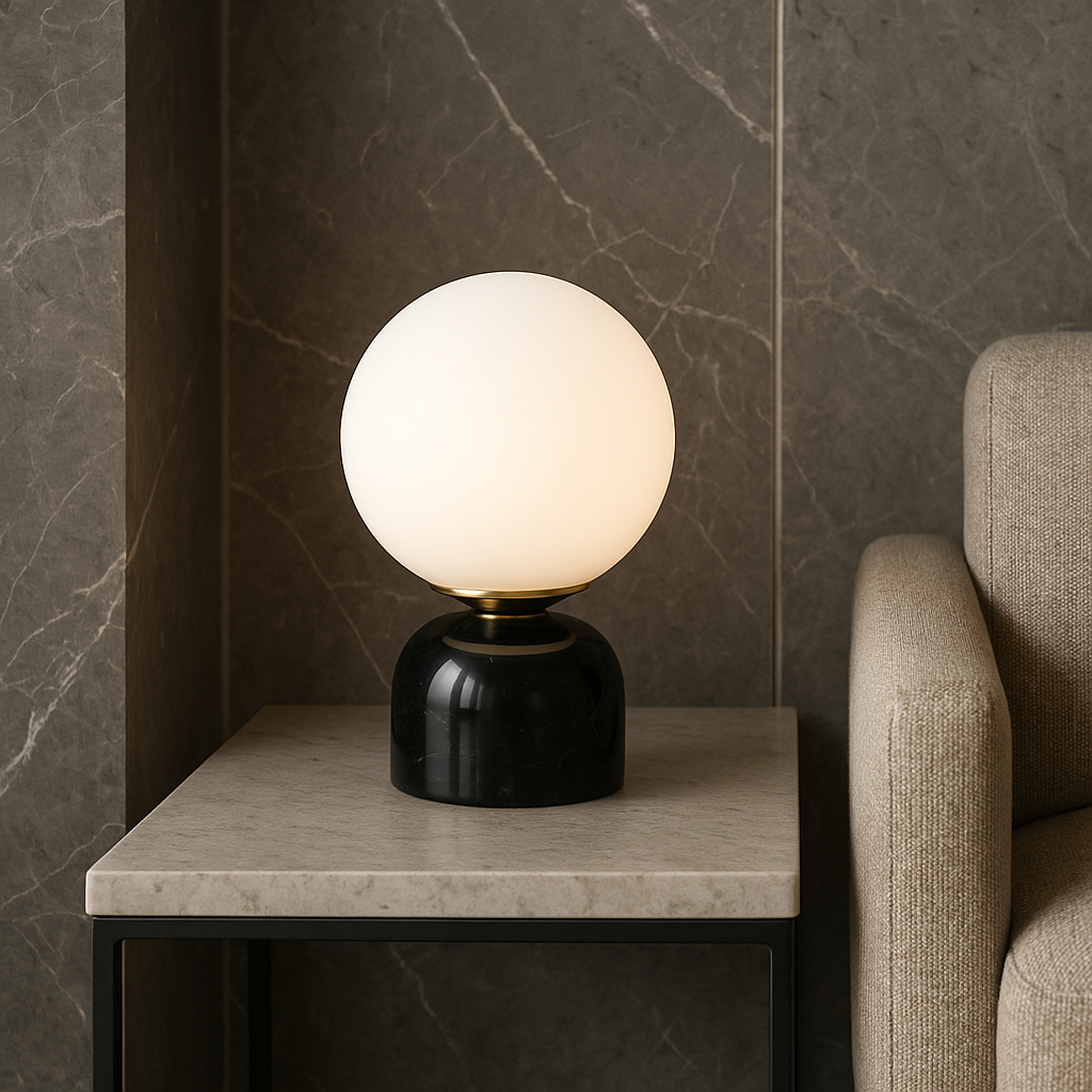 Table Lamp Marble Base Frosted Glass Ø15.0 cm H9.0 cm Warm Light Bedroom Living Room Nightstand Mood Lighting | Thomler