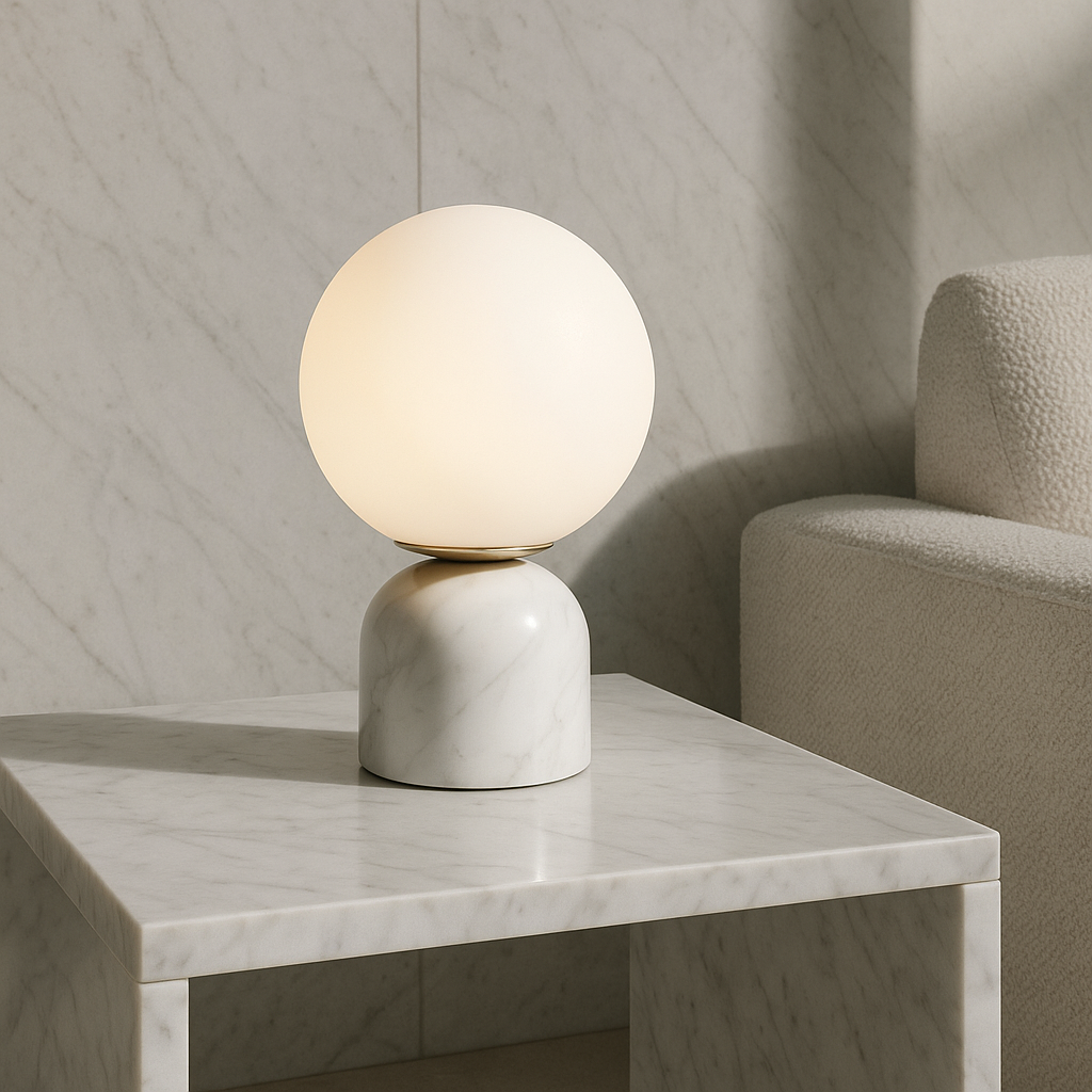 Table Lamp Marble Base Frosted Glass Ø15.0 cm H9.0 cm Warm Light Bedroom Living Room Nightstand Mood Lighting | Thomler