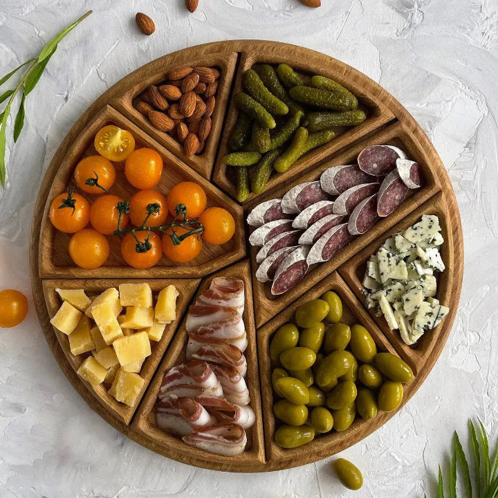 Serving Board Wood 25.0 cm Round With 8 Compartments Appetisers Cheese Snacks Serving Platter Organiser | Thomler